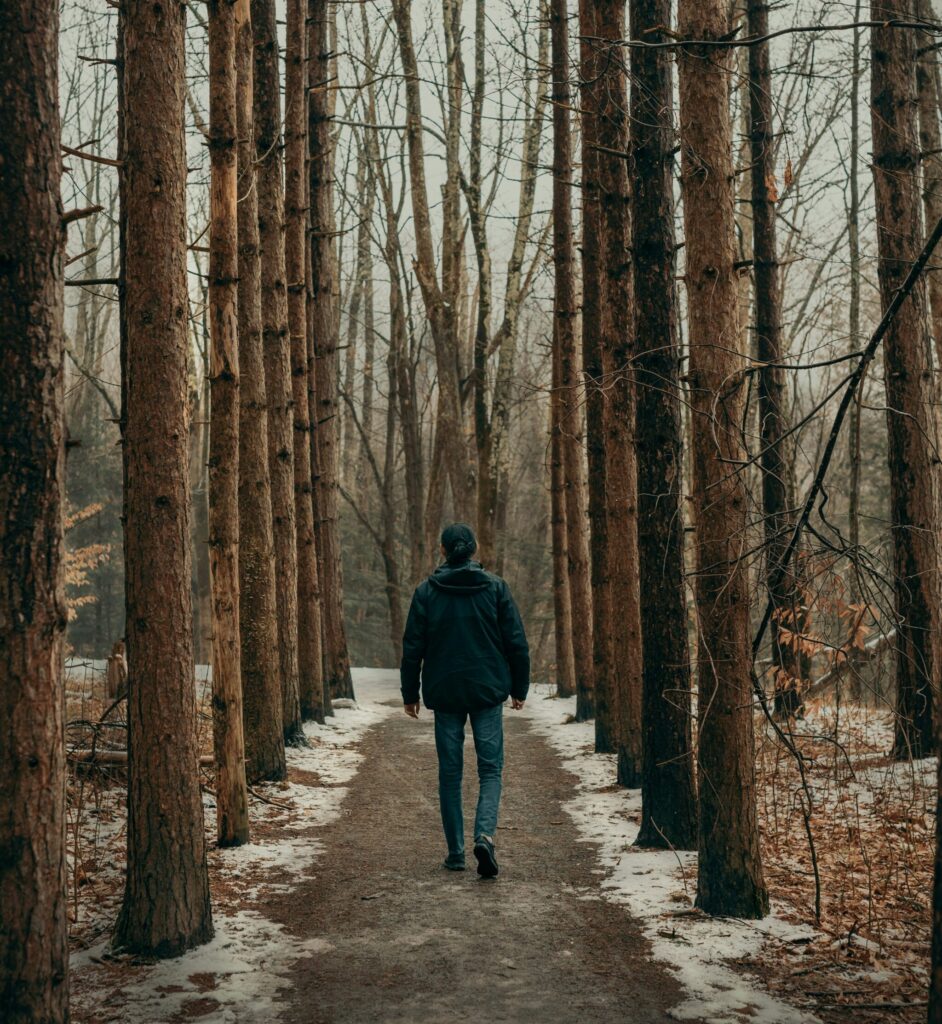 Man walks along a narrow path through a dense forest, surrounded by tall trees that create depth and movement.