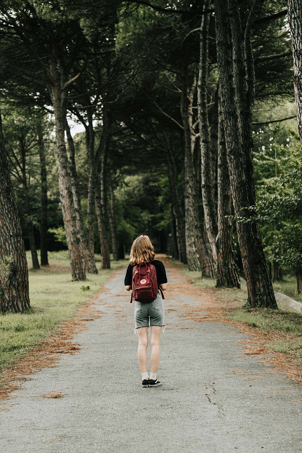  A young girl walking along a quiet path between tall trees, surrounded by nature, evokes curiosity, growth, and gentle movement.