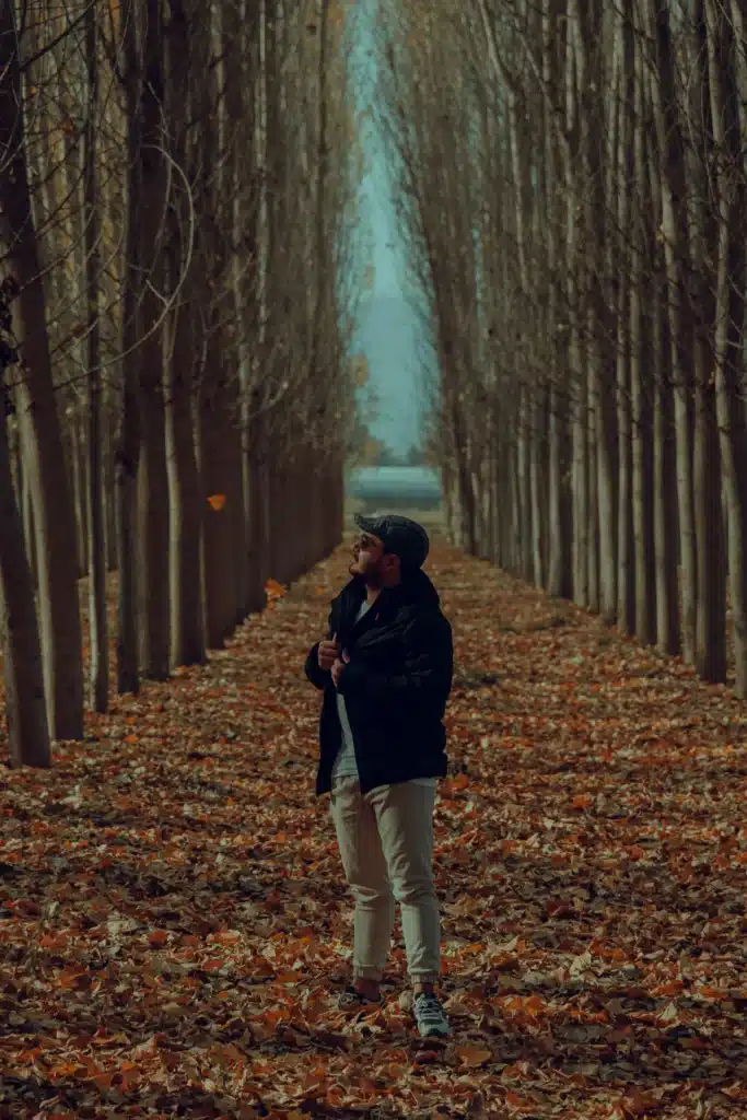 A man in a black jacket and flat cap standing on a forest path covered in fallen autumn leaves, surrounded by tall, straight trees.